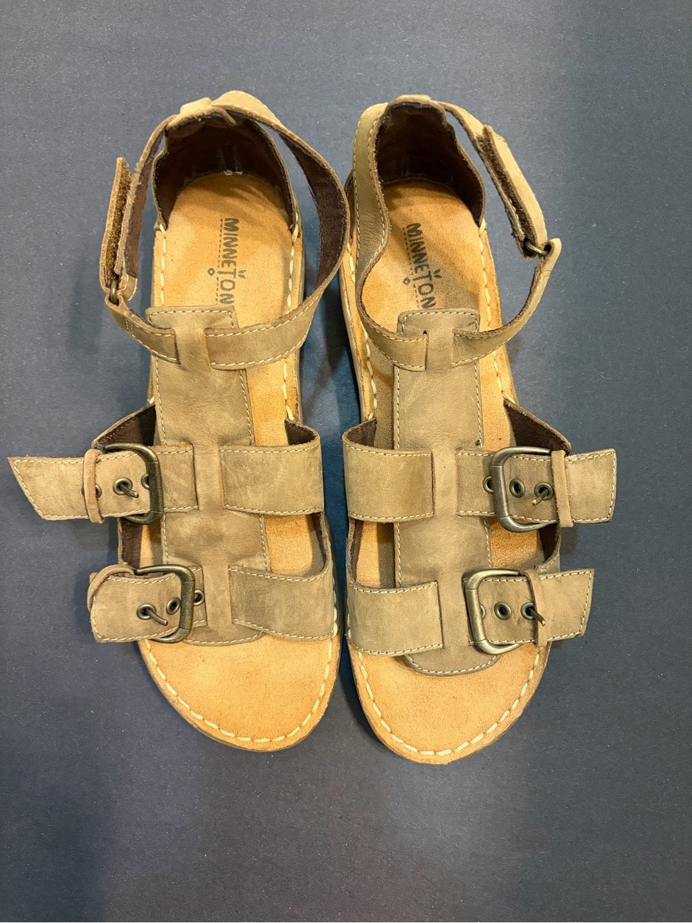 Minnetonka Taupe Suede Triple-Buckle Sandals